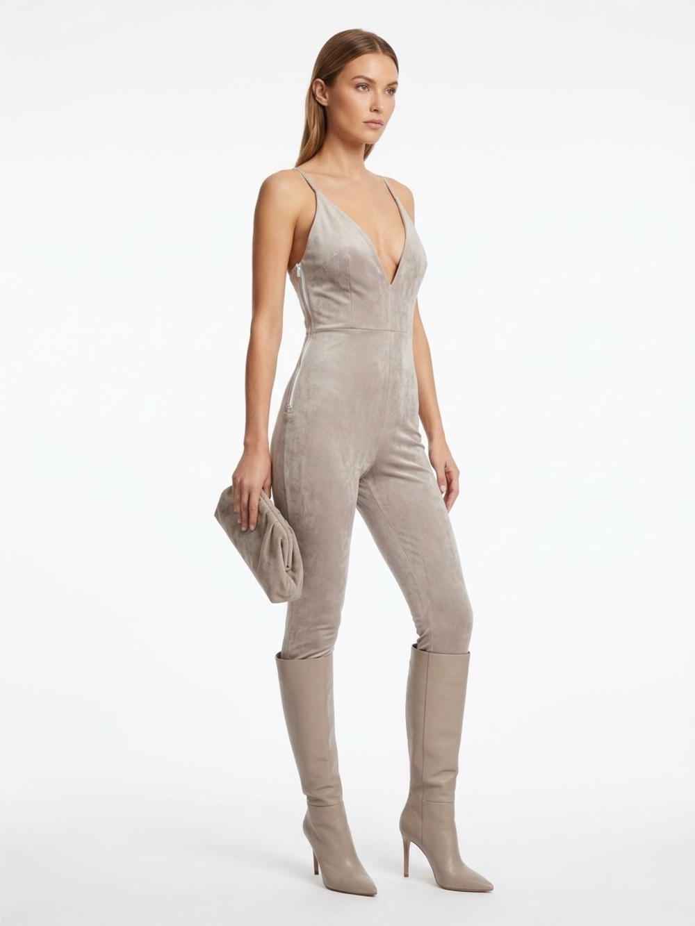 MISSGUIDED Faux Suede Plunging Skinny Jumpsuit Catsuit XS